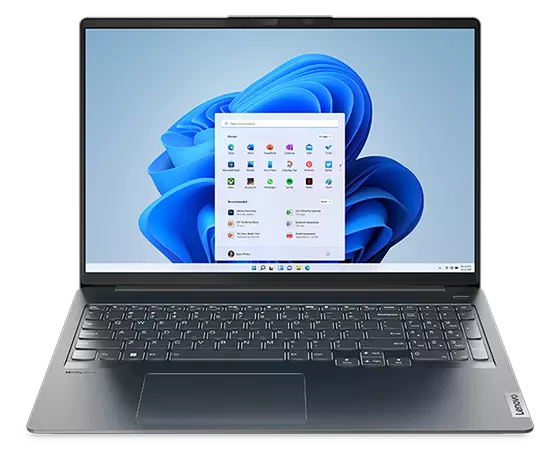 Lenovo IdeaPad 5i Pro Gen 7 Notebook, Vorderansicht des 40,6 cm (16") Displays auf Augenhöhe mit Windows 11 Home und NVIDIA® GeForce RTX™ Logo.