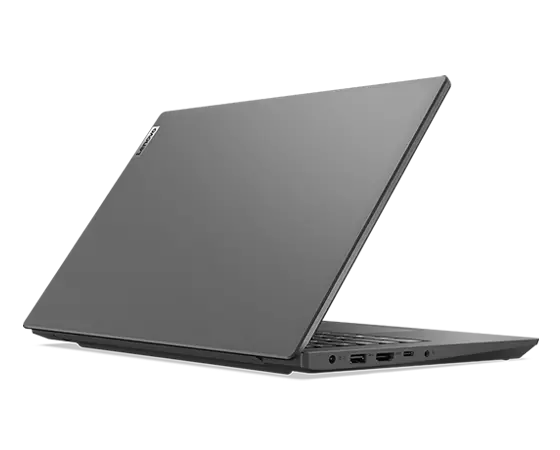 Vue arrière du côté gauche du portable Lenovo V14 Gen 3 (14" Intel), ouvert à 45 degrés, montrant le capot supérieur et une partie du clavier
