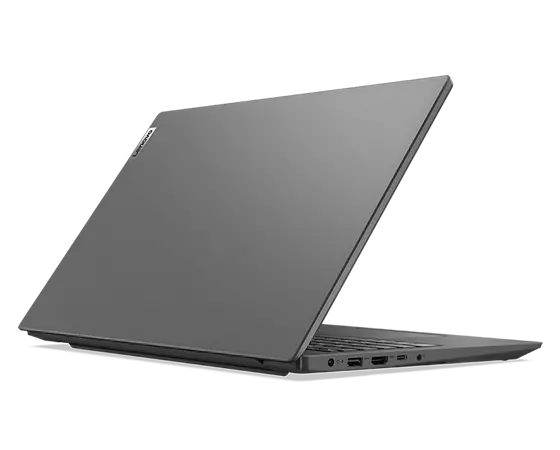Zijaanzicht vanaf rechtsachter van een Lenovo V15 Gen 3 (15'' Intel) laptop, 50 graden geopend met achterkant en deel van toetsenbord zichtbaar