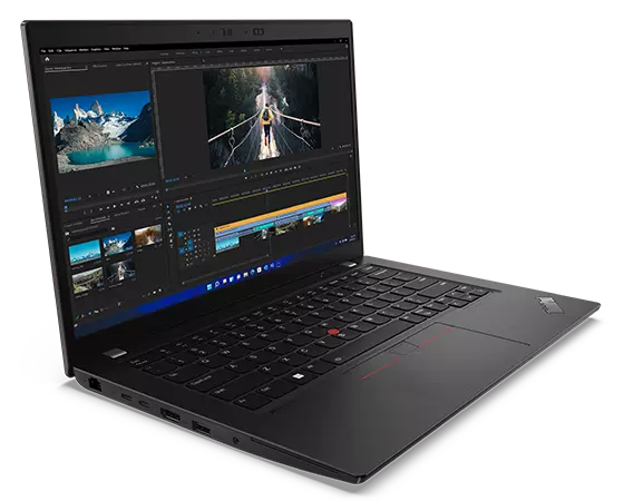 Lenovo ThinkPad L14 Gen 3 Notebook, um 90 Grad geöffnet, Schrägansicht mit Blick auf die Anschlüsse auf der linken Seite.