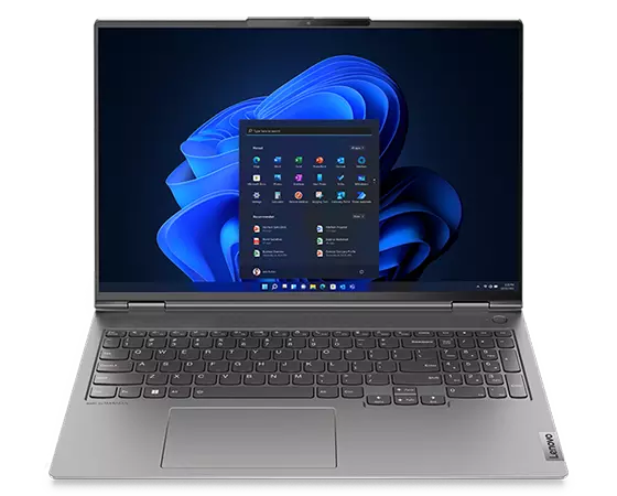 Vue avant du portable ThinkBook 16p Gen 3 (16'' AMD) ouvert à 90 degrés, montrant le clavier et l’écran avec Windows 11