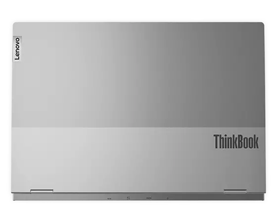 Vue aérienne du portable ThinkBook 16p Gen 3 (16'' AMD) fermé, montrant le capot supérieur avec les logos Lenovo et ThinkBook