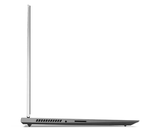 Profil gauche du portable ThinkBook 16p Gen 3 (16'' AMD) ouvert à 90 degrés, montrant les bords du clavier et de l’écran, ainsi que les ports