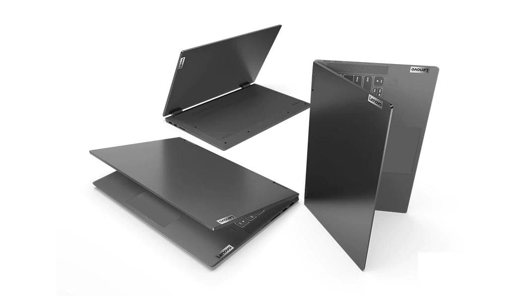 Various views of the 15-inch IdeaPad Flex 5 laptop, graphite grey