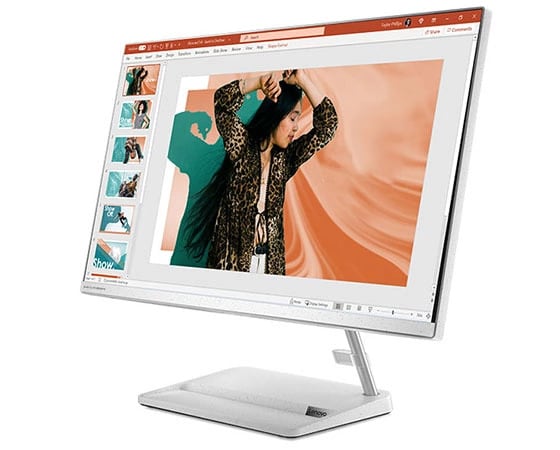 Vista posteriore destra del PC All in one Lenovo IdeaCentre AIO 3i di settima generazione.