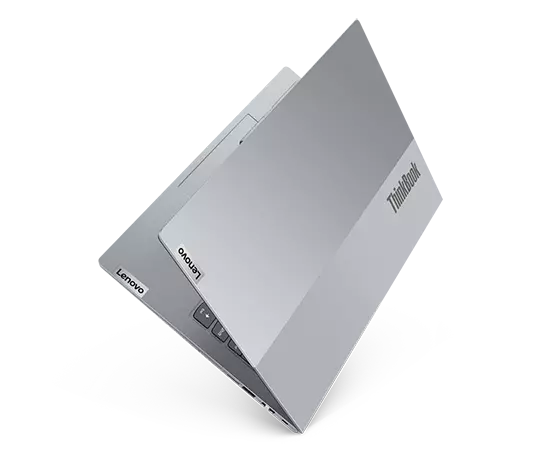 Arctic Grey dual-tone cover of Lenovo ThinkBook 14 Gen 4+ laptop angled like a book on its spine.