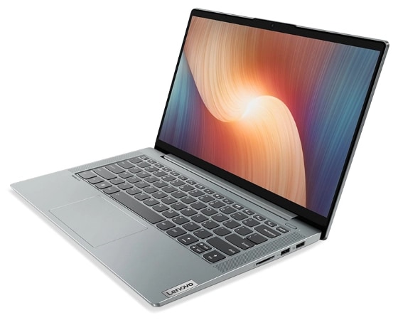 Three-quarter top side view Lenovo IdeaPad 5 Gen 7 laptop PC, positioned vertically.