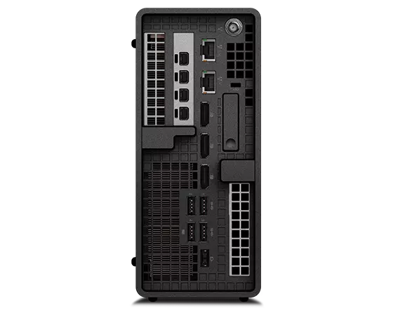 Rear panel on the Lenovo ThinkStation P360 Ultra workstation positioned vertically, showcasing ports & slots.