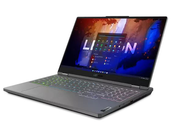 Legion 5 Gen 7 (15″ AMD) front facing left, Windows 11 on screen and RGB keyboard lighting turned on.