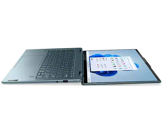 Side-on view of Lenovo Yoga 7i Gen 7 (14” Intel) 2-in-1, opened, laid flat, 180 degrees