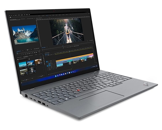 Left-side, front view of ThinkPad P16s mobile workstation, opened 90 degrees, showing display and keyboard