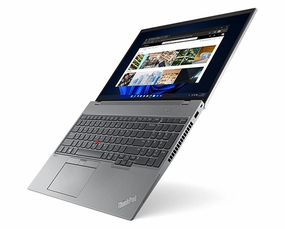 Right-side view of ThinkPad T16 Gen 1 (16” Intel) laptop, opened 180 degrees, angled vertically, from top to toe