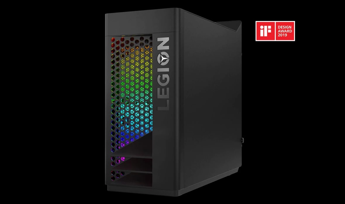 Front right side view of Lenovo Legion T730 Tower featuring full RGB system lighting.