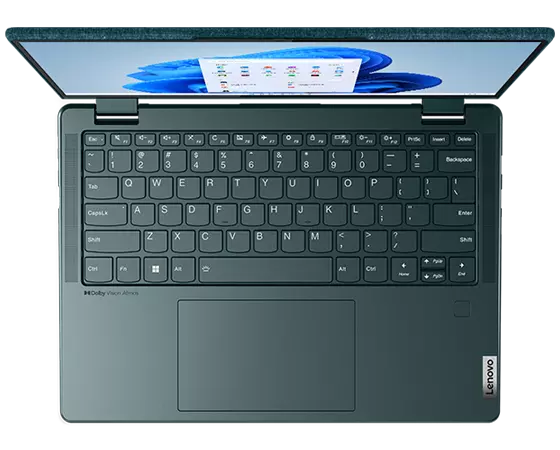 Overhead shot of Lenovo Yoga 6 Gen 7 laptop open 90 degrees with focus on keyboard.