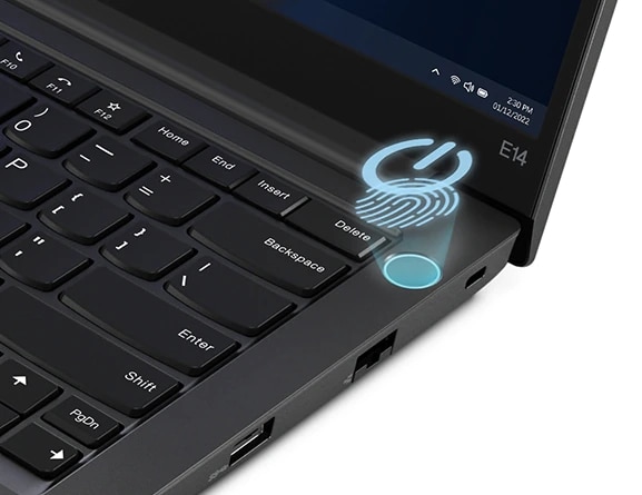 Close up of ThinkPad E14 Gen 4 business laptop’s optional fingerprint reader built into the Power On button
