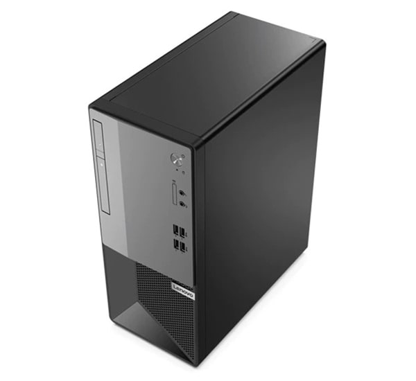 Vue de dessus du PC tour Lenovo V50t à 90 degrés, montrant les ports avant, le dessus et le côté