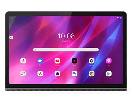 Lenovo Yoga Tab 11 Tablet – Ansicht von vorne mit Startbildschirm und App-Symbolen auf dem Display