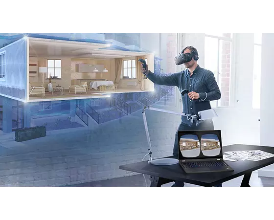 Image en réalité virtuelle d’un salon derrière un homme portant un casque VR et contrôleurs à la main, devant un portable Lenovo ThinkPad P15 Gen 2 affichant la même image en double à l’écran.