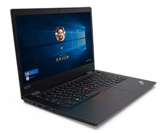 Left top front angle view of the ThinkPad L13 Gen 2 (13'' AMD) laptop, open 90 degrees with a Windows welcome screen on the display