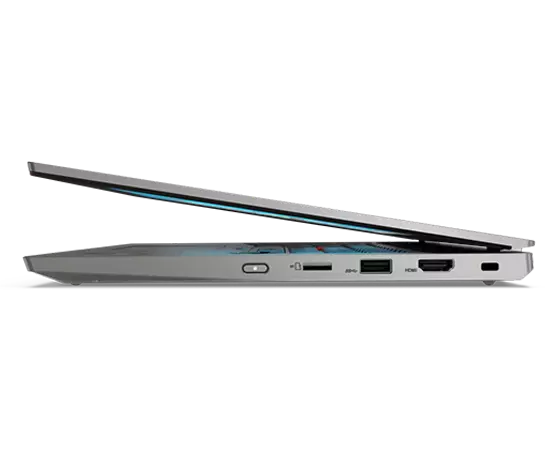 Vue latérale gauche du Lenovo ThinkPad L13 Gen 2, modèle argent ouvert à 45 degrés