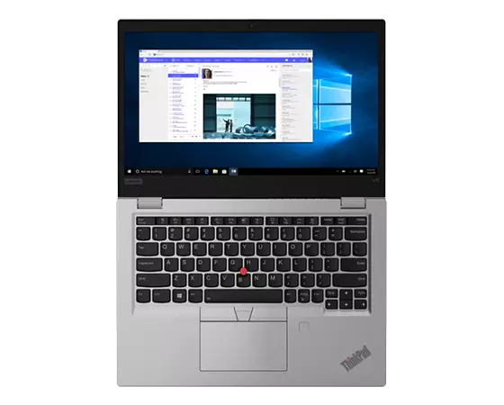 Front view of silver Lenovo ThinkPad L13 Gen 2 open 180 degrees