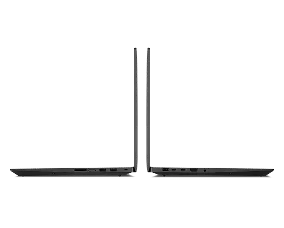 Deux stations de travail mobiles Lenovo ThinkPad P1 Gen 4 dos à dos, vues de profil et ouvertes à 90 degrés, montrant les ports à gauche et à droite.