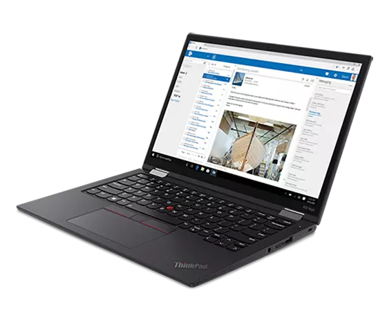 Portable ThinkPad X13 Yoga Gen (13" , Intel) – vue de ¾ avant/gauche, avec couvercle ouvert