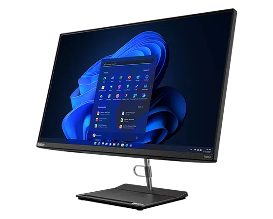 Right-side view of Lenovo ThinkCentre Neo 30a all-in-one desktop PC, showing 27" display with Windows 11 & space-saving stand