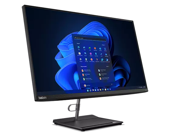 Left-side view of Lenovo ThinkCentre Neo 30a all-in-one desktop PC, showing 27" display with Windows 11 & space-saving stand