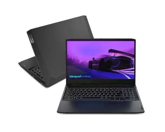 Lenovo IdeaPad Gaming 3i Gen 6 (15” Intel) laptop—3/4 right-front view, tilted upward, with lid open and image of racecar on the display