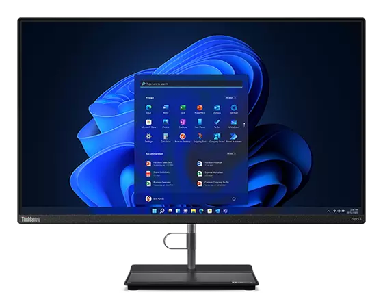 Front-facing Lenovo ThinkCentre Neo 30a all-in-one desktop PC, showing 27" display with Windows 11 & space-saving stand