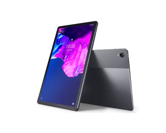 Schrägansicht der vertikalen Vorder- und horizontalen Rückseite des Lenovo Tab P11 Tablets in Schiefergrau