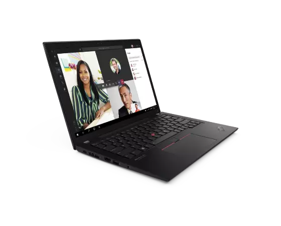 Lenovo ThinkPad X13 Gen 2 (13'' AMD) laptop – ¾ left-front view with lid open and video conference participants on the display