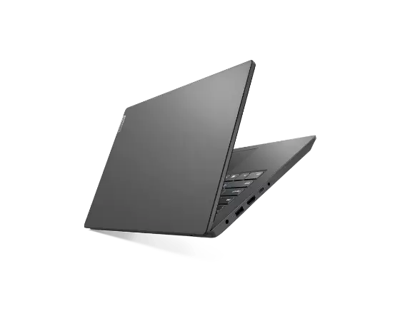 Portátil Lenovo V15 de 2.ª generación (15'' Intel): vista trasera del lateral izquierdo visible tres cuartos con la tapa parcialmente abierta