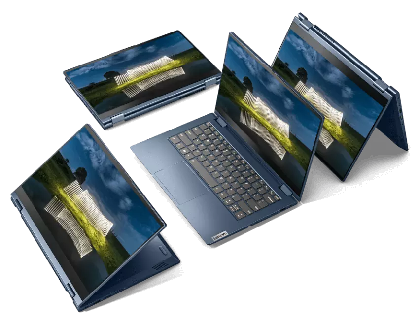 Deux ordinateurs portables Lenovo ThinkBook à charnière présentant un pavé tactile en verre d’une seule pièce, un écran haute résolution et un magnifique capot supérieur bicolore.