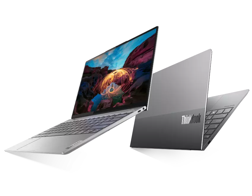 Two hinge-to-hinge Lenovo ThinkBook laptops showcasing a one-piece glass TouchPad, high-res display, and gorgeous dual-tone top cover. 
