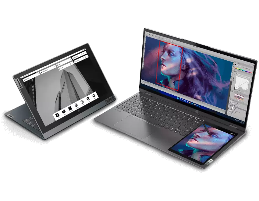 Two hinge-to-hinge Lenovo ThinkBook laptops showcasing a one-piece glass TouchPad, high-res display, and gorgeous dual-tone top cover. 