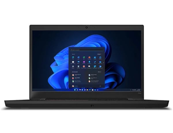 Forward facing ThinkPad P15v Gen 3 (15″ Intel) mobile workstation, opened 90 degrees, showing keyboard & display with Windows 11.