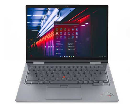 Lenovo ThinkPad X1 Yoga Gen 7 2-in-1 laptop open 90 degrees showing keyboard, display, and left-side ports.