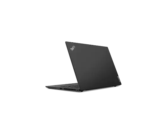 Vue arrière de l’ordinateur portable Lenovo ThinkPad T14s Gen 2 Black ouvert à 90 degrés, légèrement tourné pour montrer les ports du côté droit.