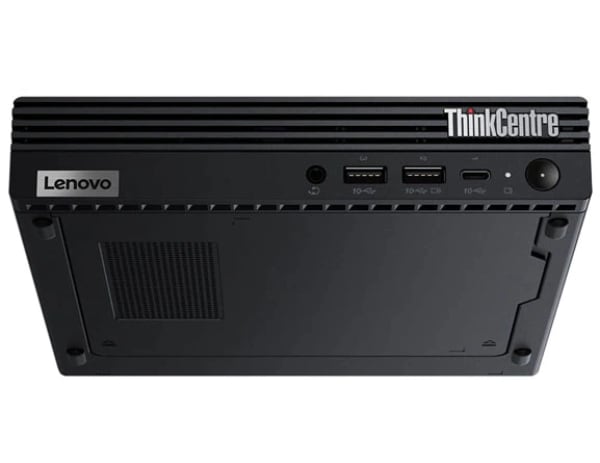 Underneath view of Lenovo ThinkCentre M90q Gen 3 sitting on its right side.