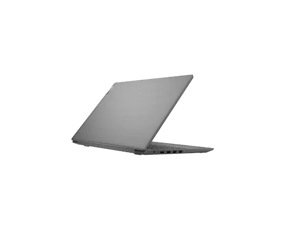 Lenovo V15 Notebook – Dreiviertelansicht von links hinten, mit teilweise geöffnetem Deckel