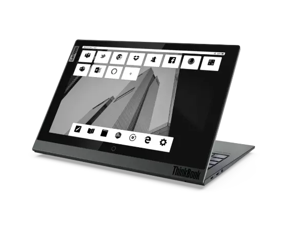 Vue arrière de trois quarts gauche du portable professionnel à double écran Lenovo ThinkBook Plus Gen 2 (Intel) montrant l’écran E-Ink