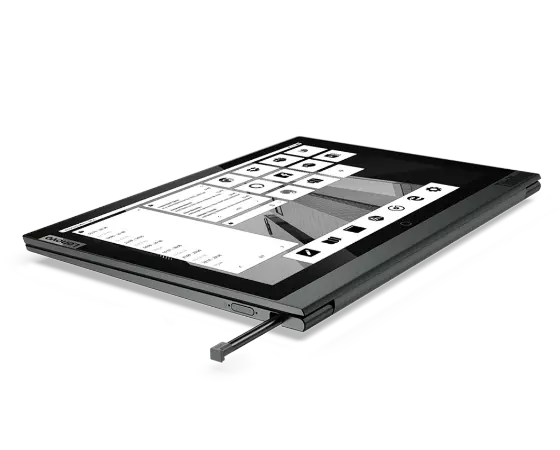 Vue de trois quarts droite du portable professionnel à double écran Lenovo ThinkBook Plus Gen 2 (Intel), montrant le stylet numérique et le port de charge