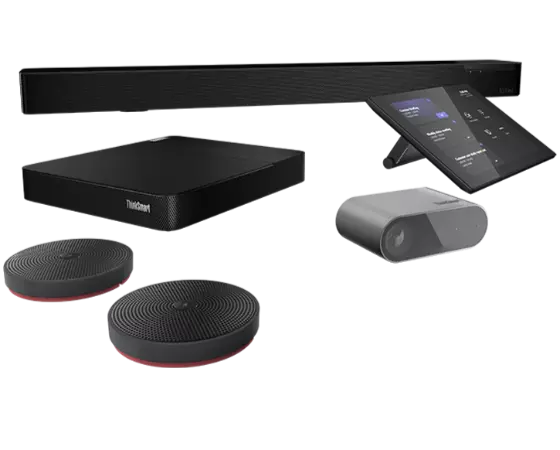 Lenovo ThinkSmart Core Full Room Kit t with Bar in back, and clockwise Controller display, Cam, optional mic pods, and Core computing device.