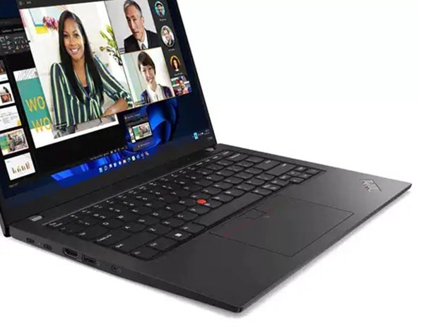 Linke Vorderansicht des ThinkPad T14s (14 Zoll AMD), geöffnet, mit Display und Tastatur