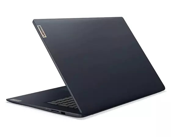 Rear facing view of Lenovo IdeaPad 3 Gen 7 17” AMD open 45 degrees, angled to show left side ports.