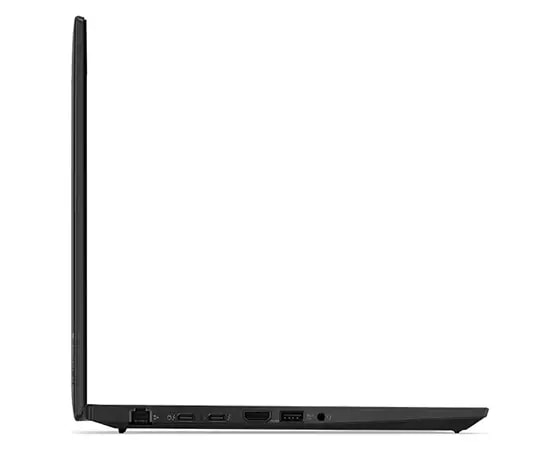 Right-side view of ThinkPad T14 Gen 3 (14 Intel), opened flat at 180 degrees. showing thin edge of display and keyboard