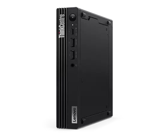 Rechteraanzicht van ThinkCentre M60q Chromebox Enterprise, met logo&#039;s van Lenovo en ThinkCentre, plus poorten