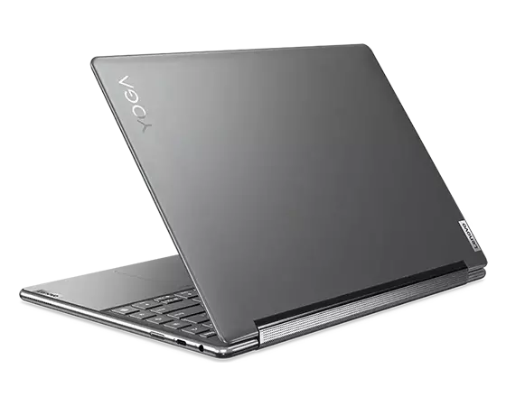 Yoga 9i Gen 7 in Storm Grey, in laptop mode, rear facing left